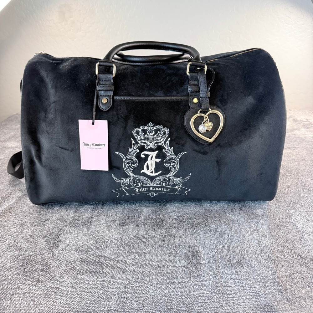 Juicy Couture Black Velour Crest Weekender Duffel Bag Crossbody Travel Bag NEW